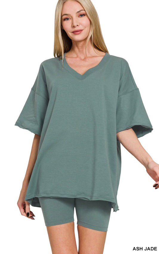 Cotton V-Neck Top and Biker Shorts Set